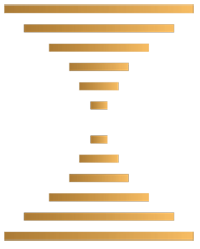 The image shows a series of horizontal gold bars arranged symmetrically to form an hourglass shape on a black background.