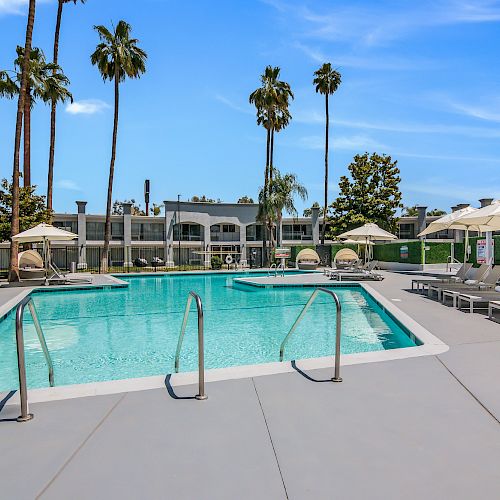 The image shows a pristine outdoor pool with lounge chairs and umbrellas surrounding it, set against a backdrop of palm trees and clear blue skies.