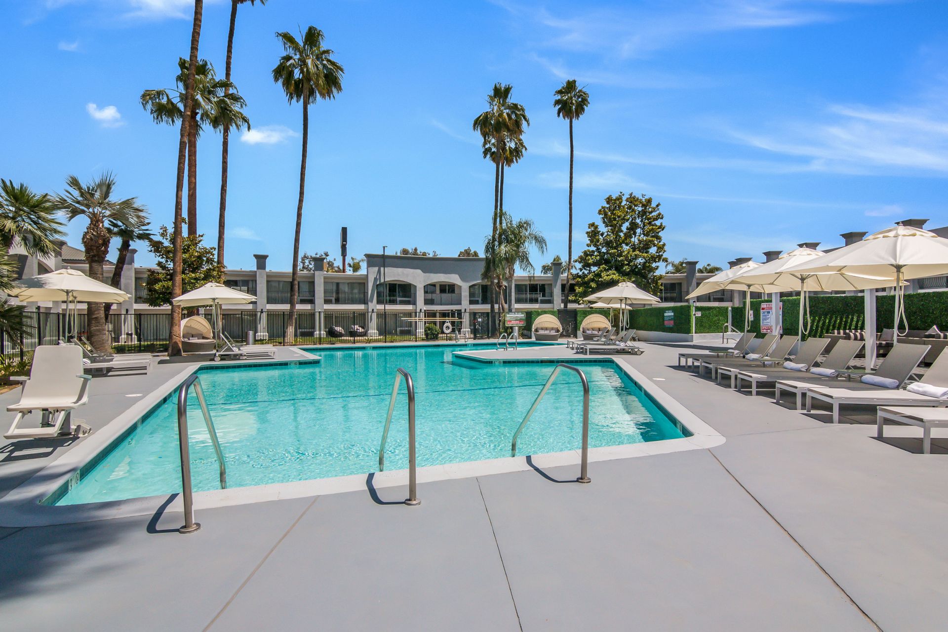 A serene outdoor pool area lined with lounge chairs and umbrellas, surrounded by palm trees and a building in the background.
